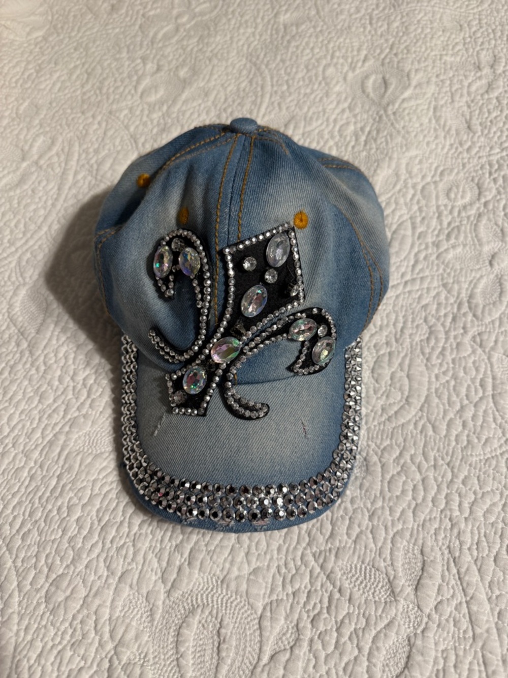 Denim Rhinestone Embellished Baseball Cap - Blue